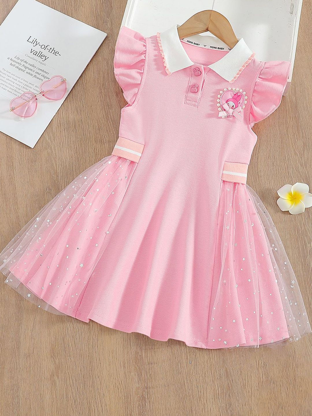 YK Girls Shirt Coller  Embellished Cap Sleeve Fit & Flare Dress