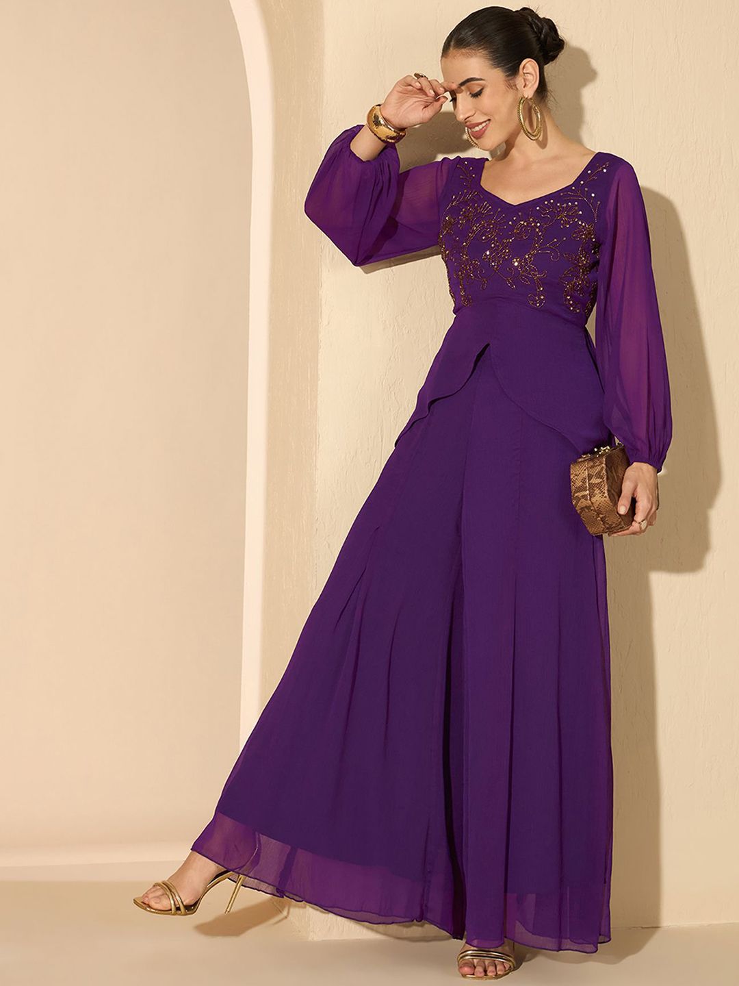 Antheaa Purple Embellished V-Neck Top & Palazzo