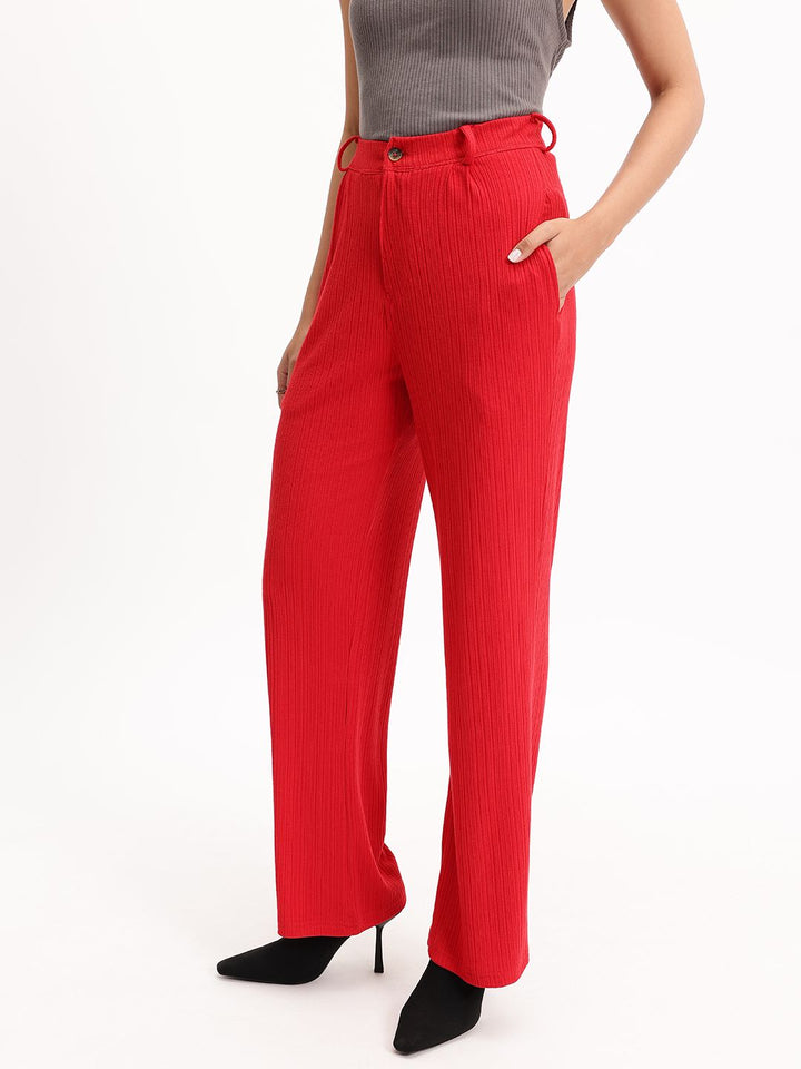 DressBerry Women Cherry Bomb Textured Treat Ribbed Flare Leg Trousers