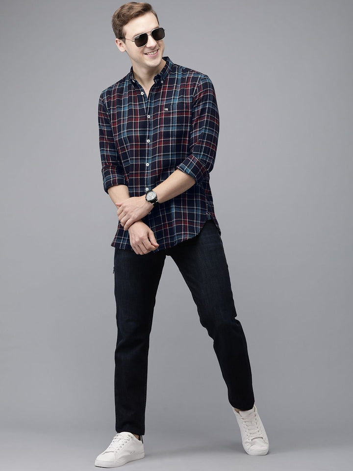 THE BEAR HOUSE Men Navy Blue Slim Fit Checked Flannel Pure Cotton Casual Shirt