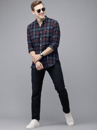 THE BEAR HOUSE Men Navy Blue Slim Fit Checked Flannel Pure Cotton Casual Shirt