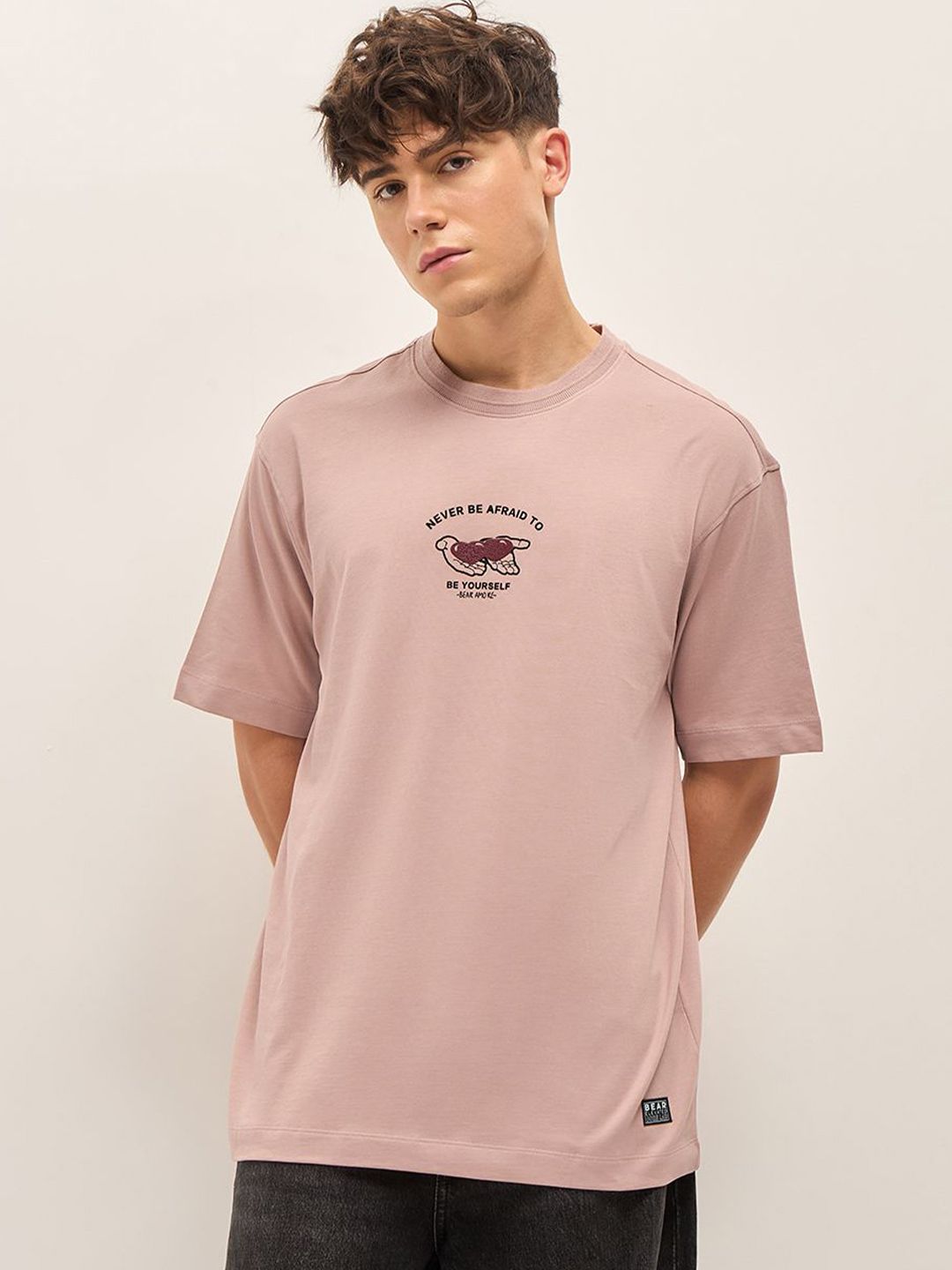 THE BEAR HOUSE Typography Printed Drop Shoulder Sleeves Pure Cotton Oversized T-shirt