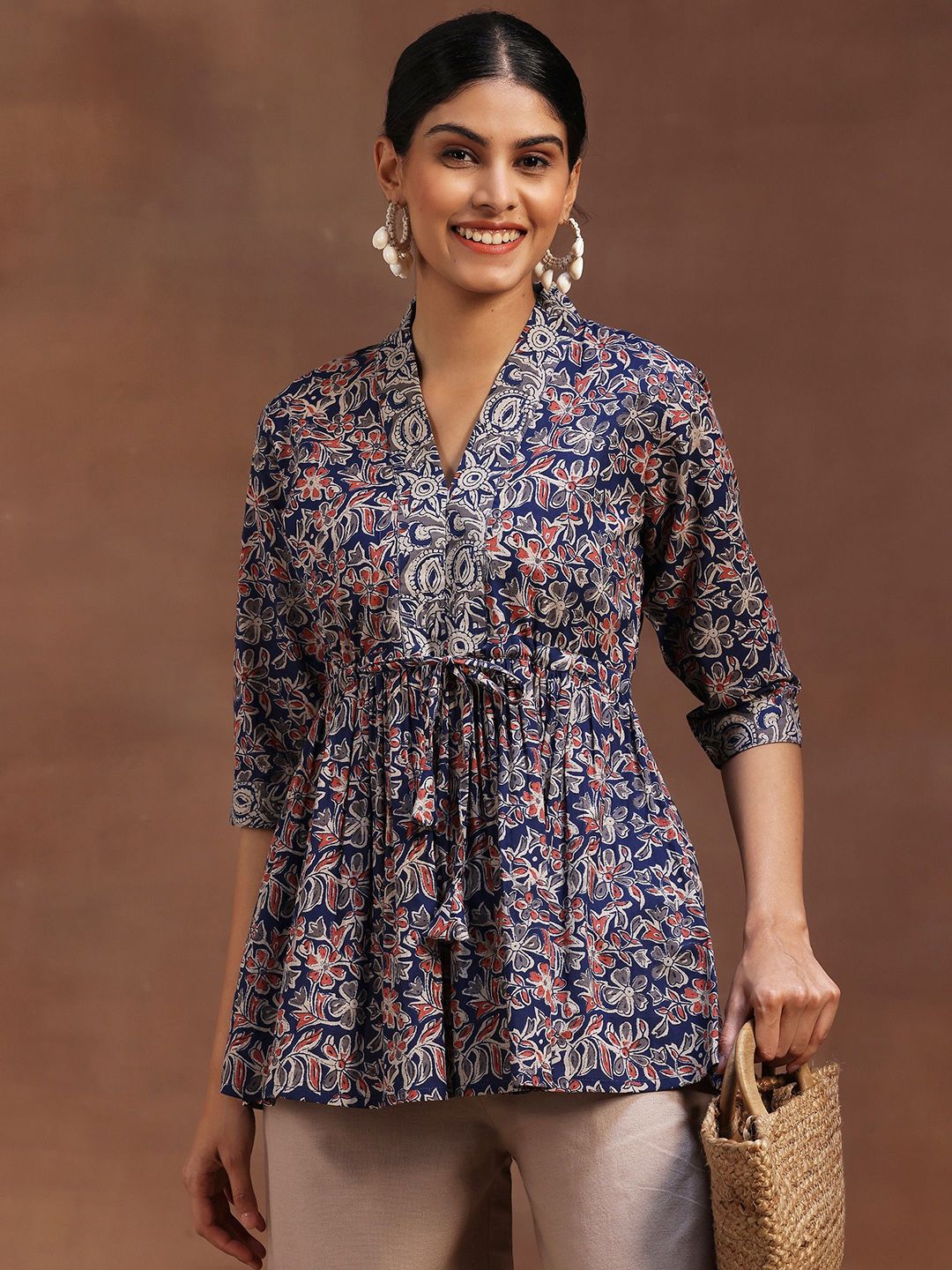 Libas Floral Printed V-Neck Pure Cotton Pleated Kurti
