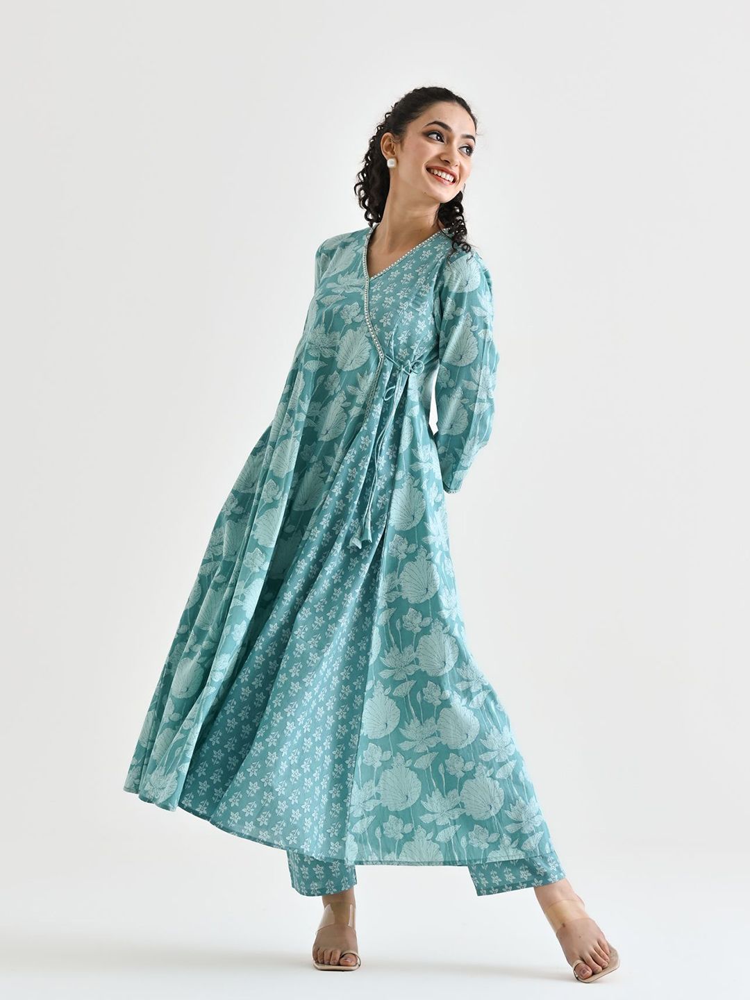 Rustorange Floral Printed Embroidered Neckline Pure Cotton Angarakha Tunic & Trouser