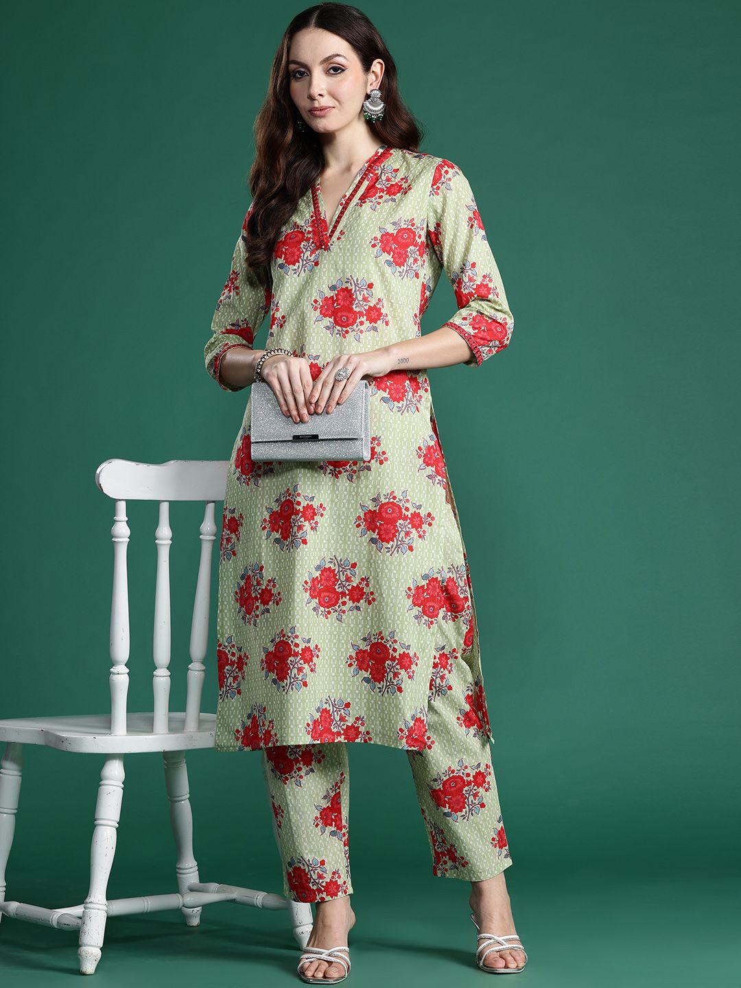 Indo Era Floral Printed Mirror Work Pure Cotton Kurta with Trousers