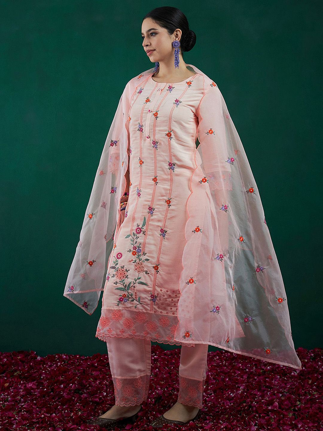 Indo Era Floral Embroidered Straight Kurta With Trousers & Dupatta