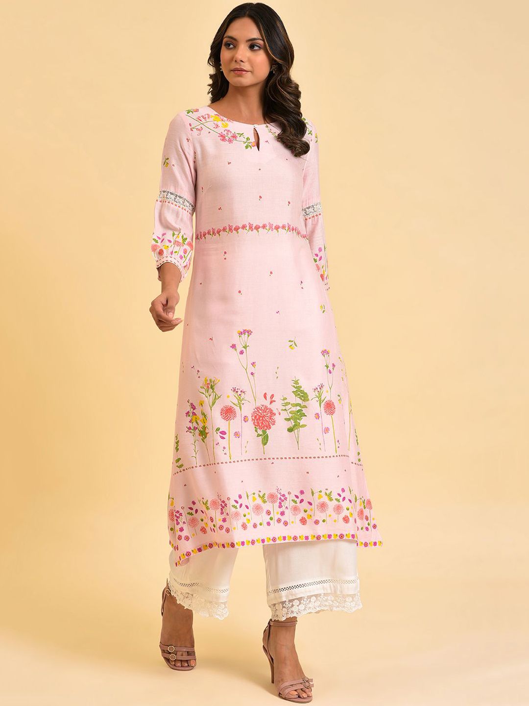 W Floral Printed Keyhole Neck Puff Sleeves Thread Work A-Line Kurta