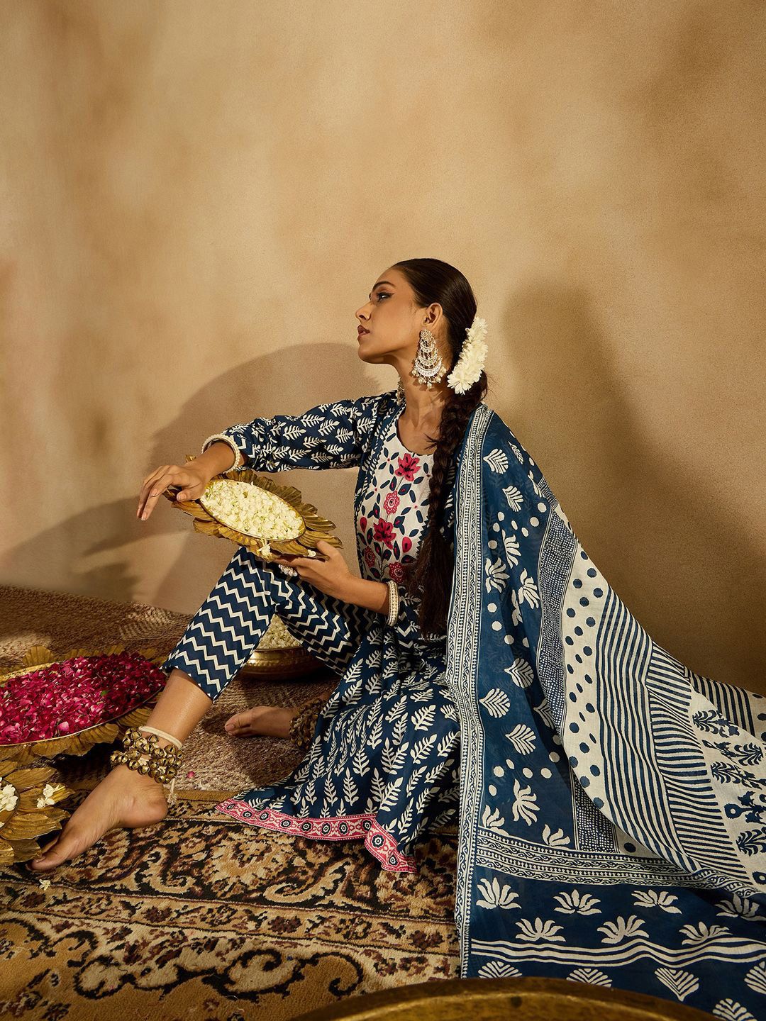 Indo Era Ethnic Motifs Printed Thread Work Pure Cotton Kurta with Trousers & Dupatta