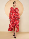 Antheaa Floral Print Flared Sleeve Chiffon A-Line Midi Dress