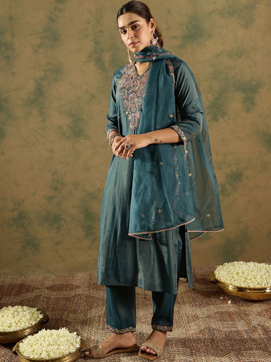 Indo Era Ethnic Motifs Embroidered Liva Kurta With Trousers & Dupatta