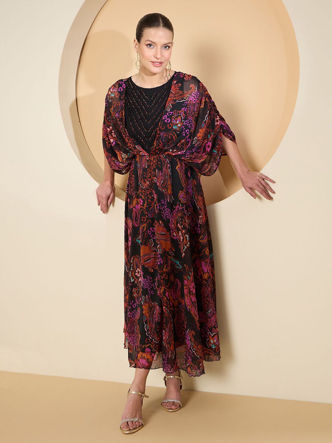 Antheaa Ethnic Motifs Print Flared Sleeves Fit And Flare Dress