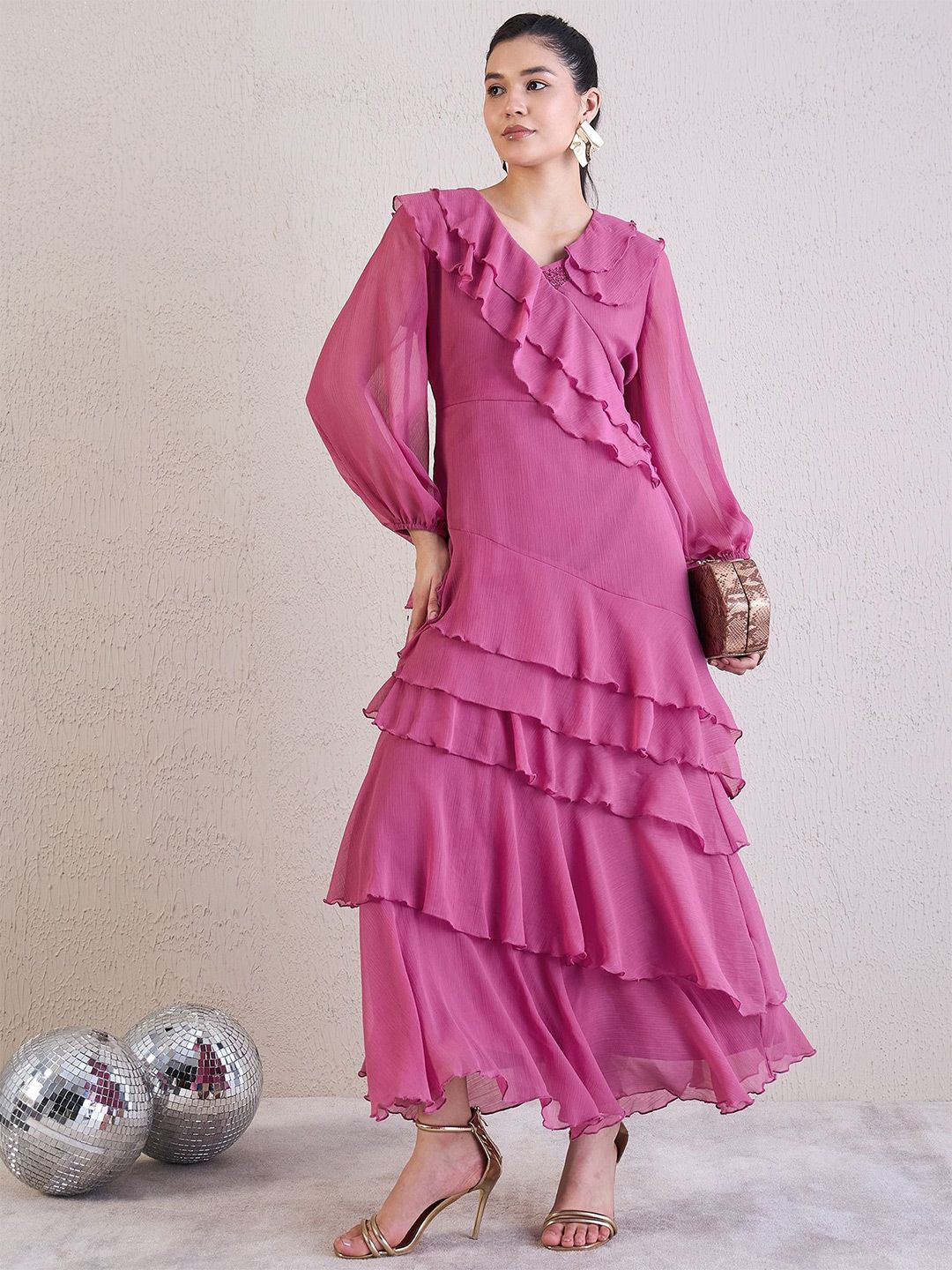 Antheaa Puff Sleeve Chiffon Maxi Dress