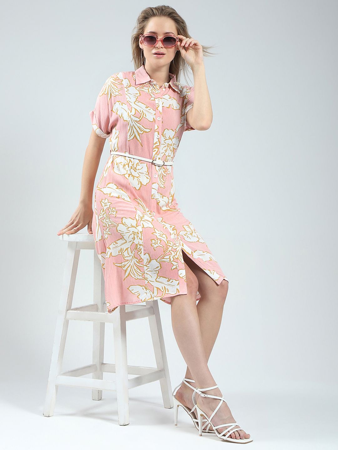 Monte Carlo Floral Print Belted Shirt Dress