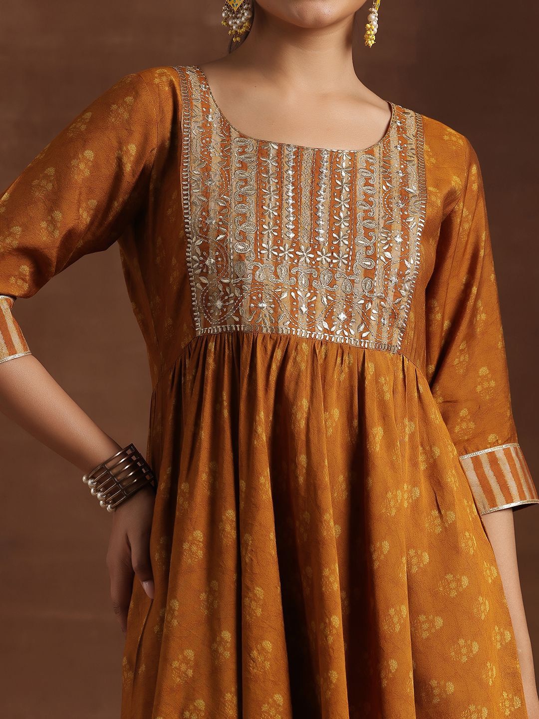 Libas Floral Printed Thread Work Pleated Anarkali Kurta with Trousers & Dupatta