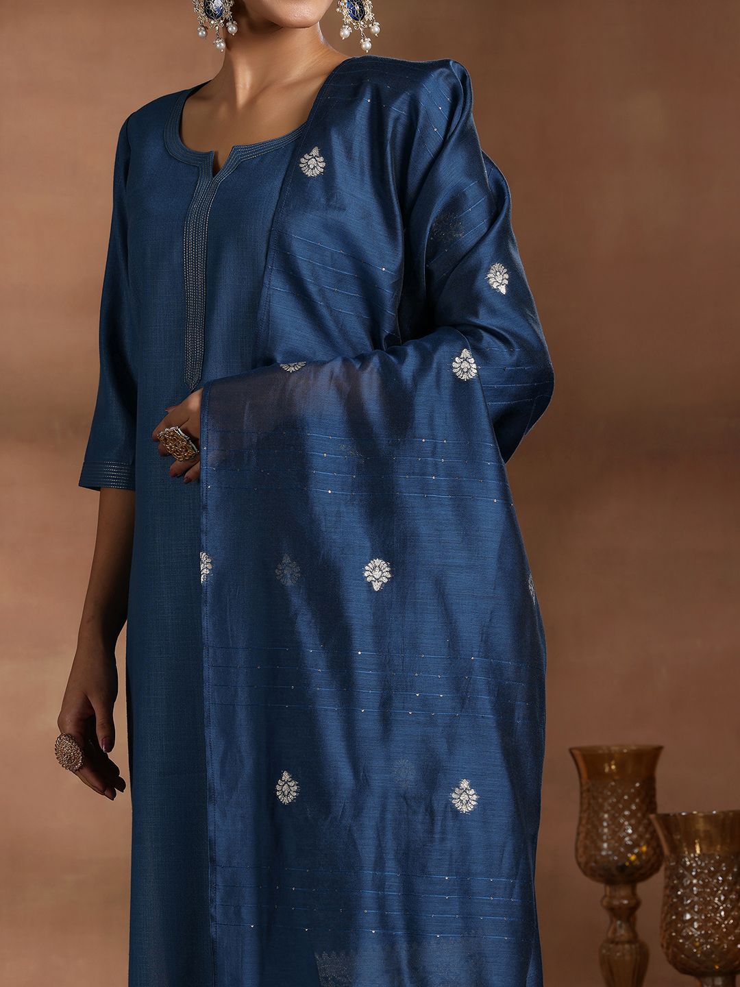 Libas Sequinned Straight Kurta With Trousers & Dupatta