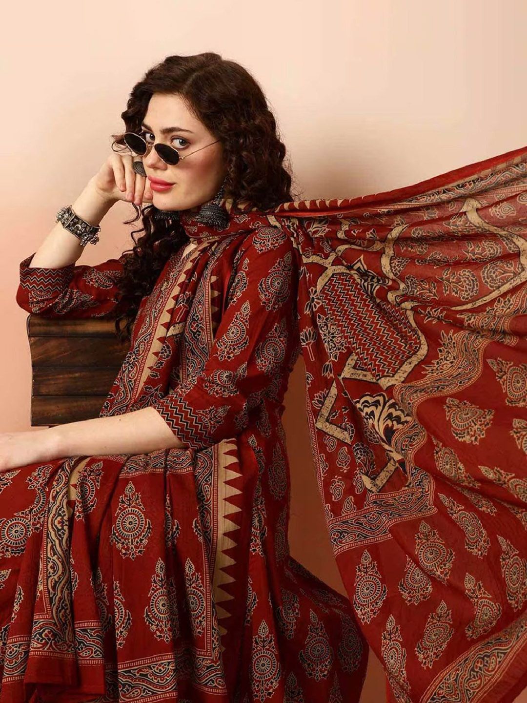 KALINI Ethnic Motifs Printed V-Neck Straight Kurta with Trousers & Dupatta