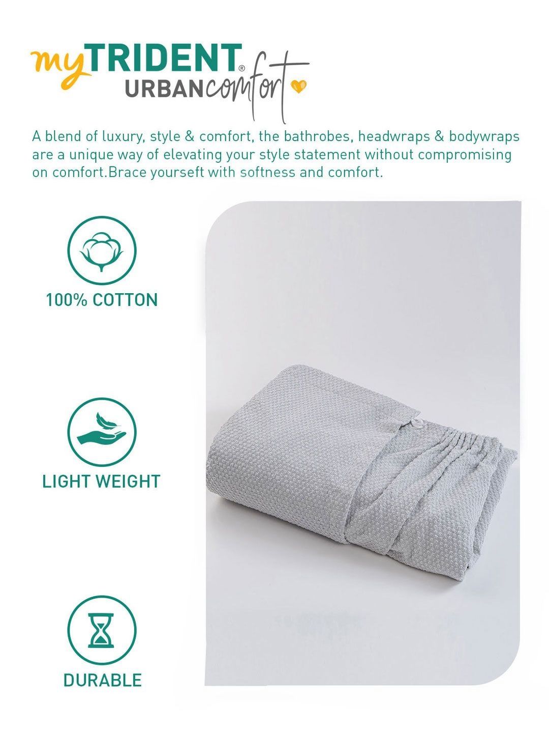 MYTRIDENT Grey Cotton Bath Robe With HeadWrap