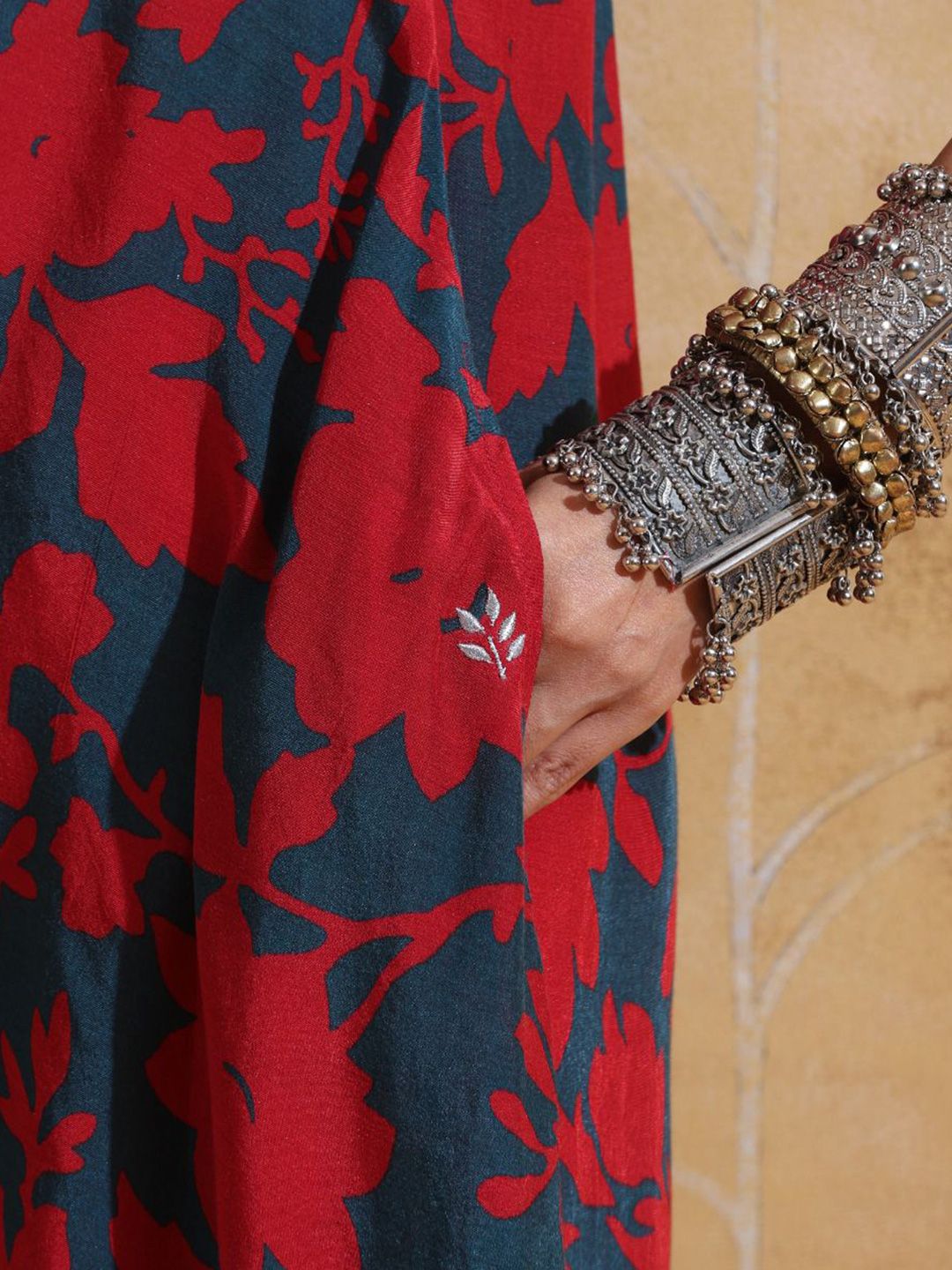 trueBrowns Women Red Teal Jaal Print Muslin Silk Flared Kurta Set