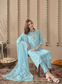 Anouk Embroidered Regular Thread Work Pure Cotton Straight Kurta With Trousers & Dupatta