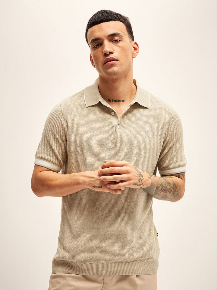 THE BEAR HOUSE Men Solid Polo Collar Cotton T-shirt