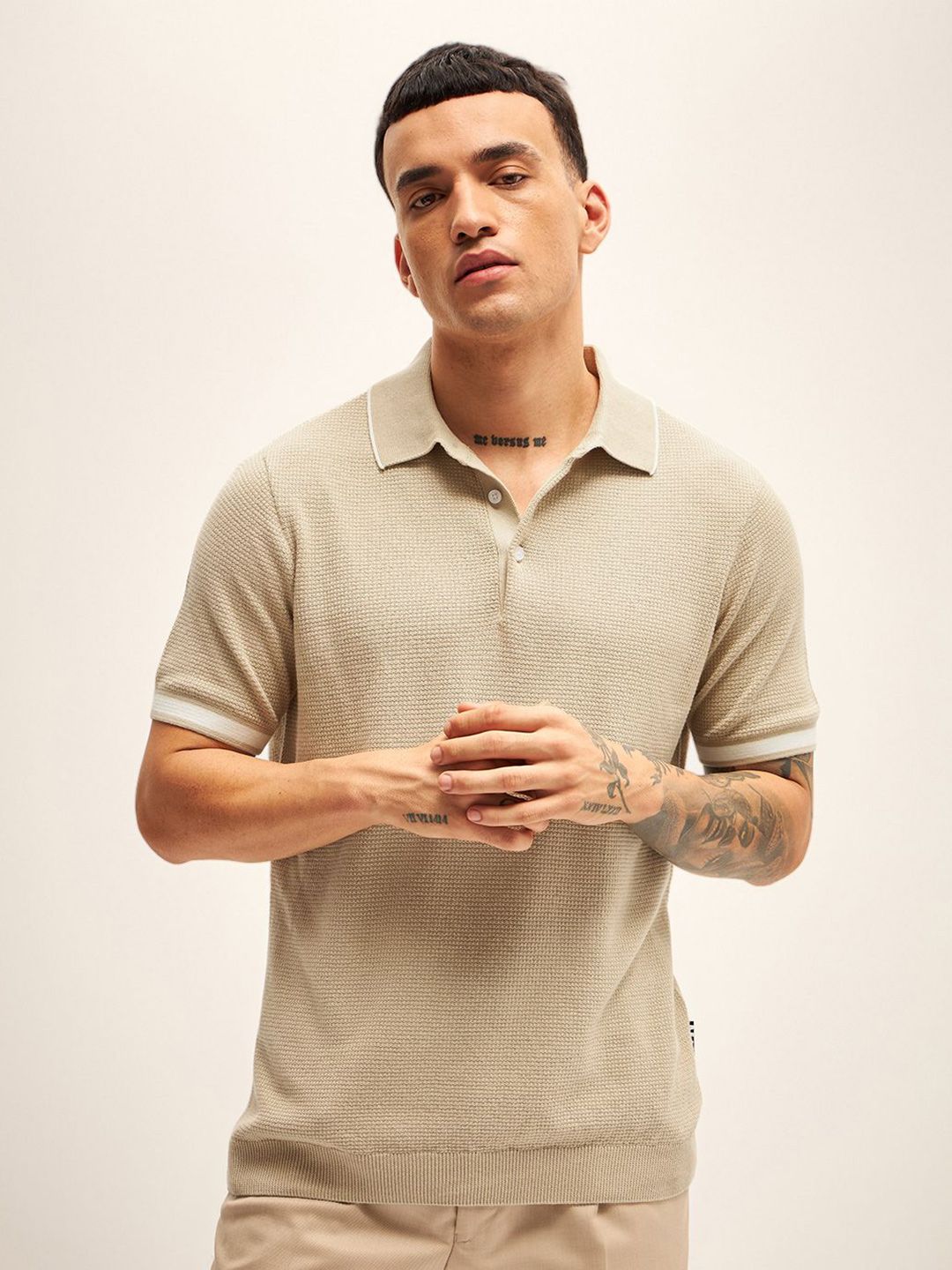 THE BEAR HOUSE Men Solid Polo Collar Cotton T-shirt