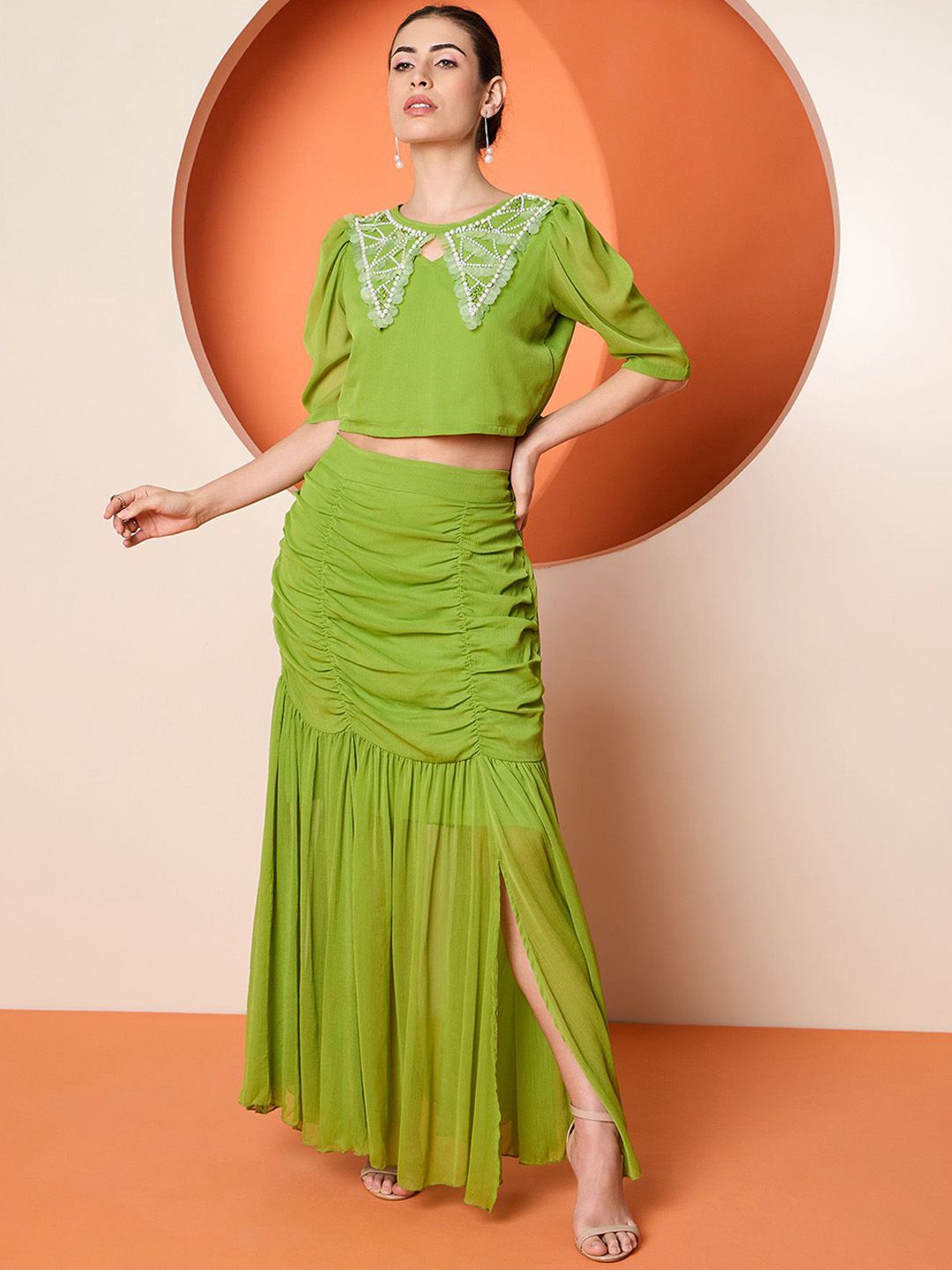 Antheaa Embellished Top With Skirt