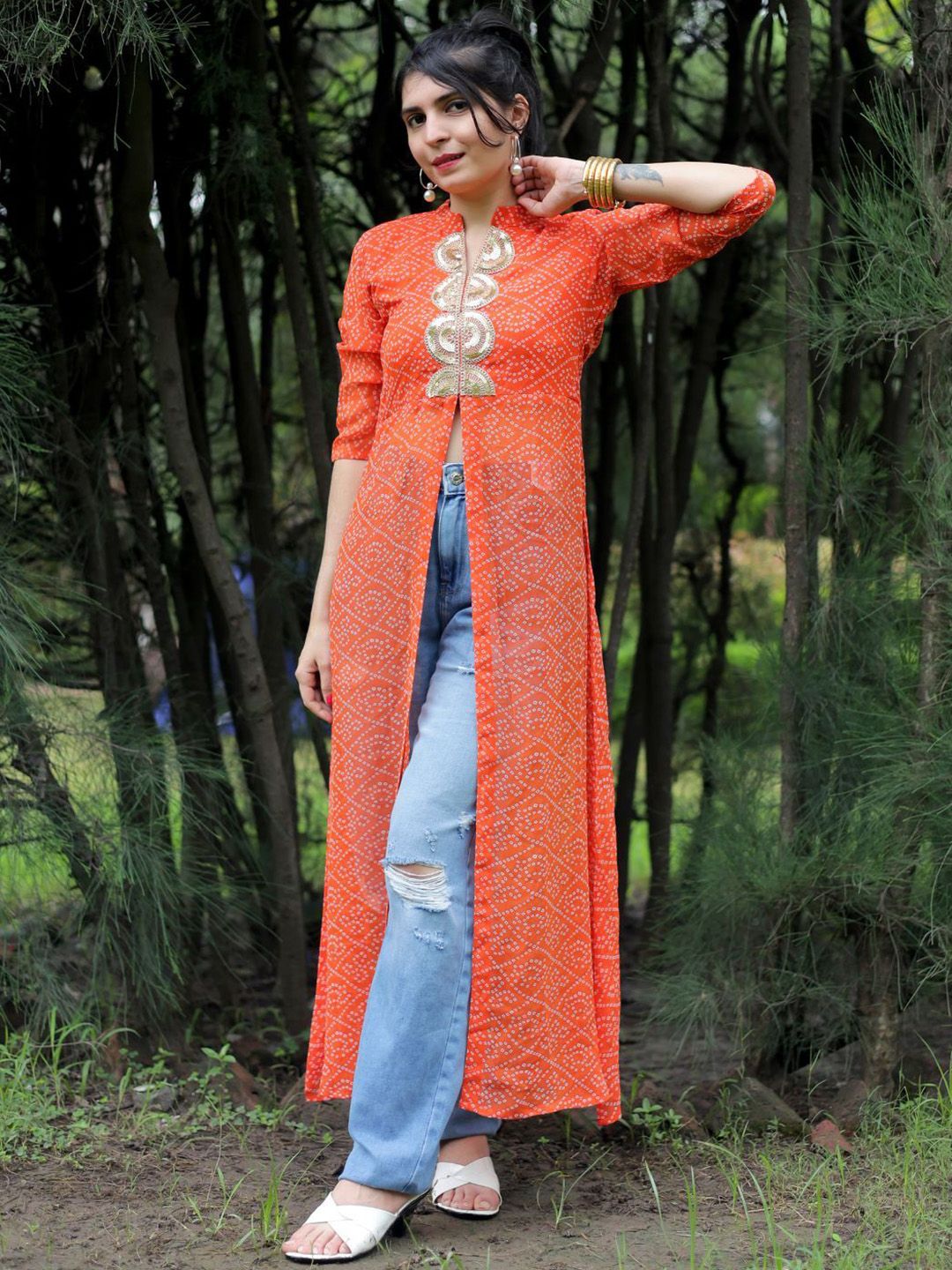 KALINI Georgette Mandarin Collar Bandhani Printed Embroidery A Line Kurta