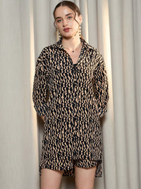 Berrylush Black Abstract Printed Longline Shirt With Mini Shorts