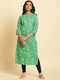 W Striped Mandarin Collar Thread Work Cotton Straight Kurta