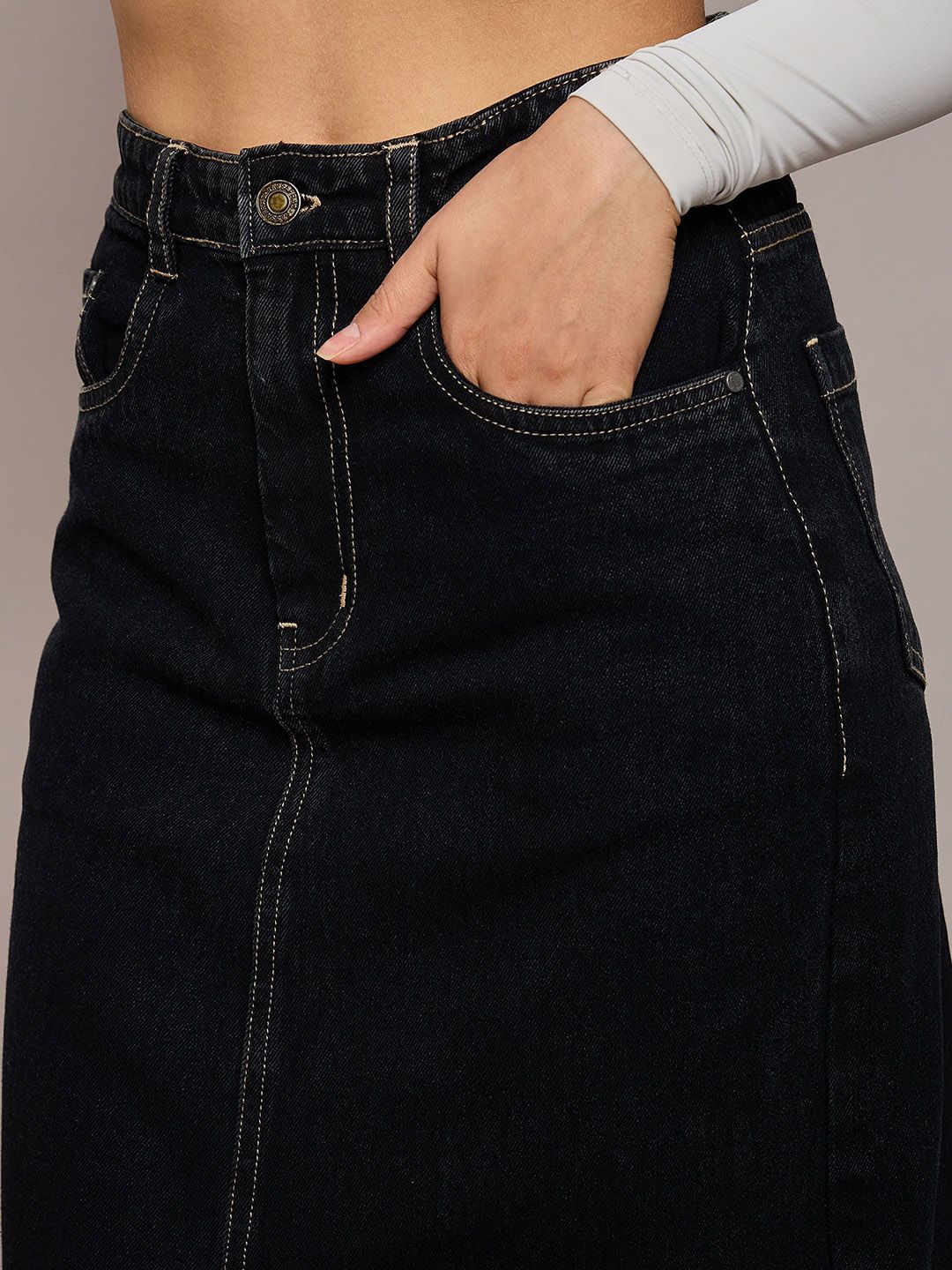 SASSAFRAS BASICS Women Denim Front-Slit A-Line Midi Skirt