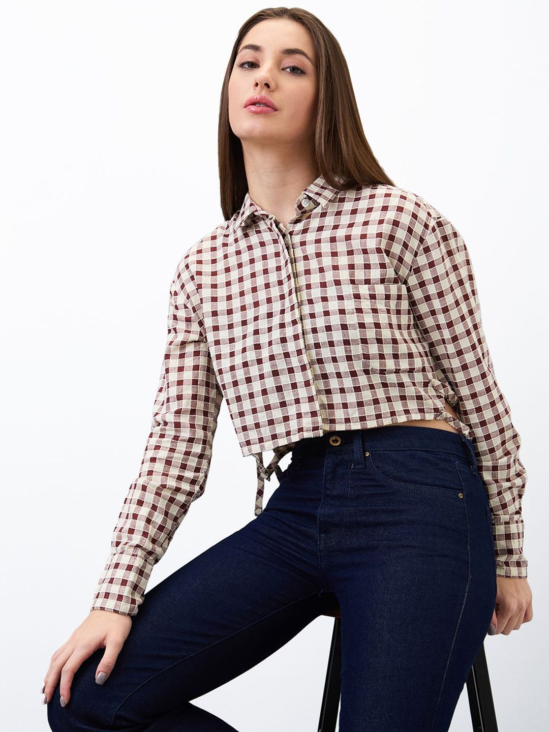 SPYKAR Women Regular Fit Spread Collar Gingham Checked Cotton Crop Shirt