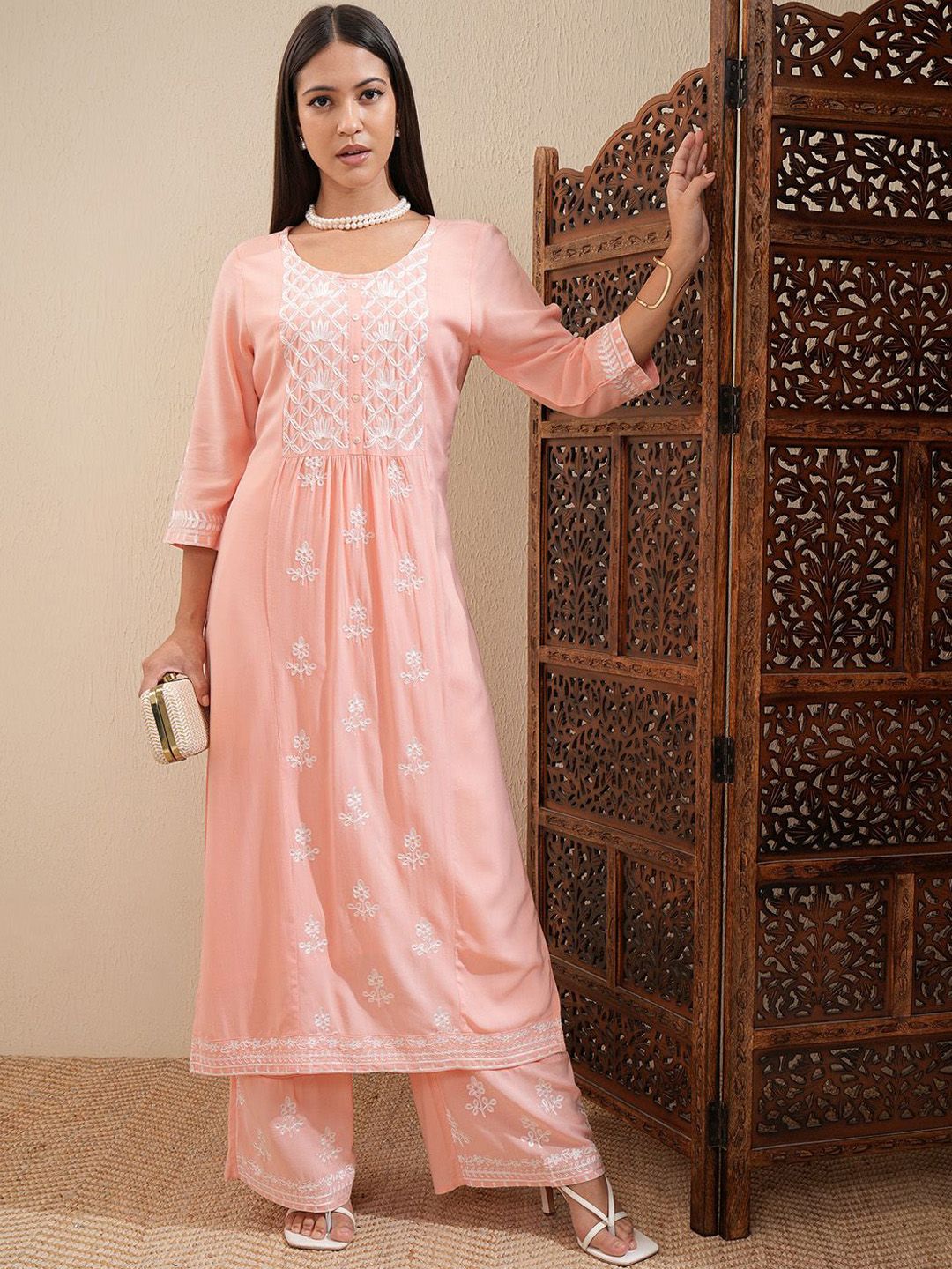 Vishudh Peach-Coloured Floral Embroidered Thread Work Straight Kurta With Palazzos