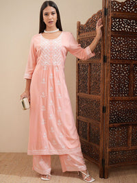 Vishudh Peach-Coloured Floral Embroidered Thread Work Straight Kurta With Palazzos