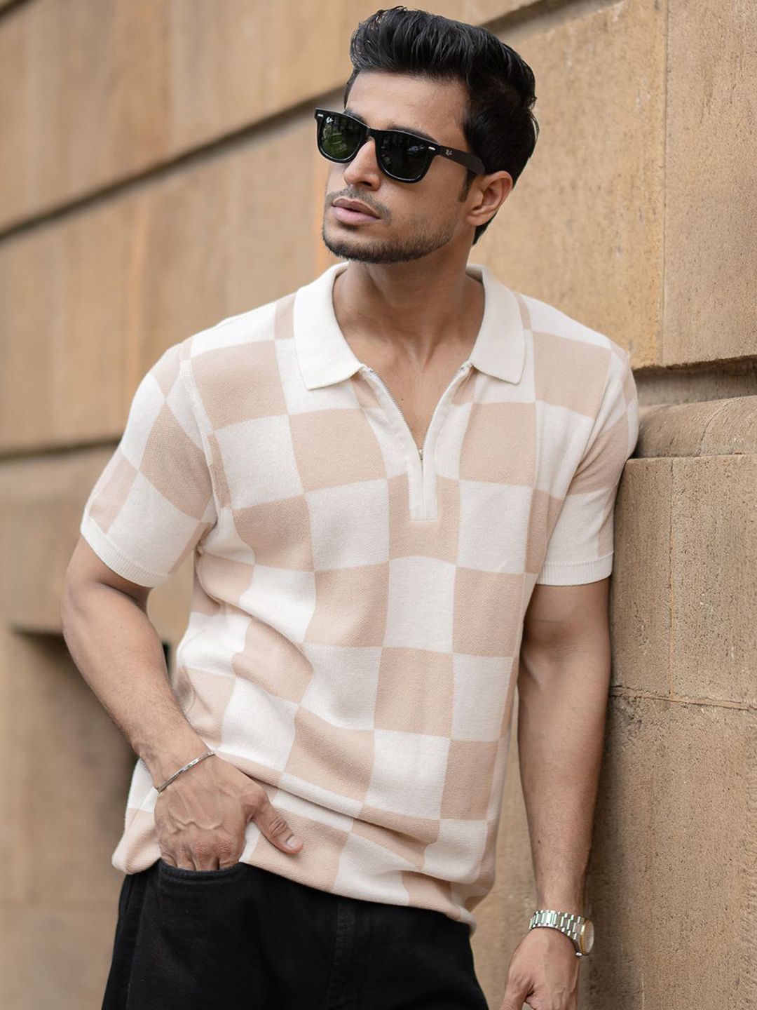 Powerlook Checked Jacquard Contrast Polo Collar Pure Cotton T-shirt