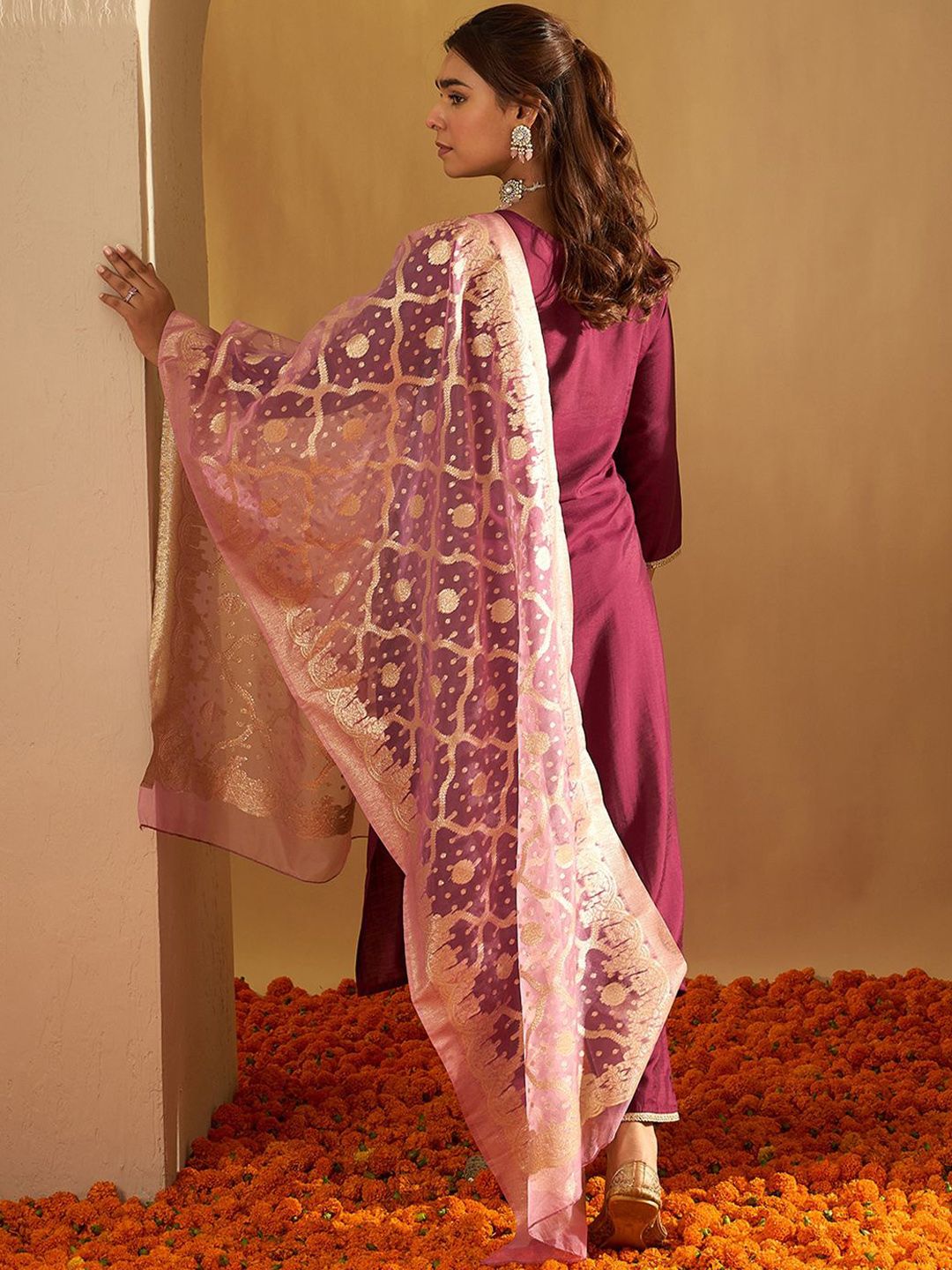 Indo Era Ethnic Motifs Yoke Design Straight Gotta Patti Liva Kurta with Trousers & Dupatta