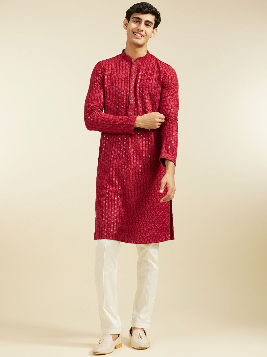 Diwas by Manyavar Geometric Chikankari Embroidered & Sequinned Mandarin Collar Kurta