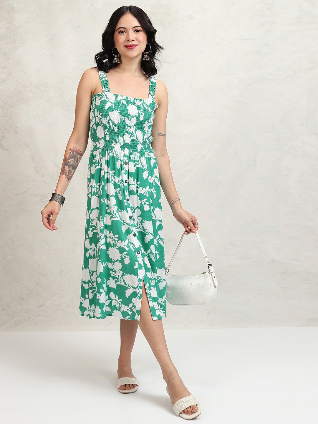 Vishudh Floral Print A-Line Midi Dress