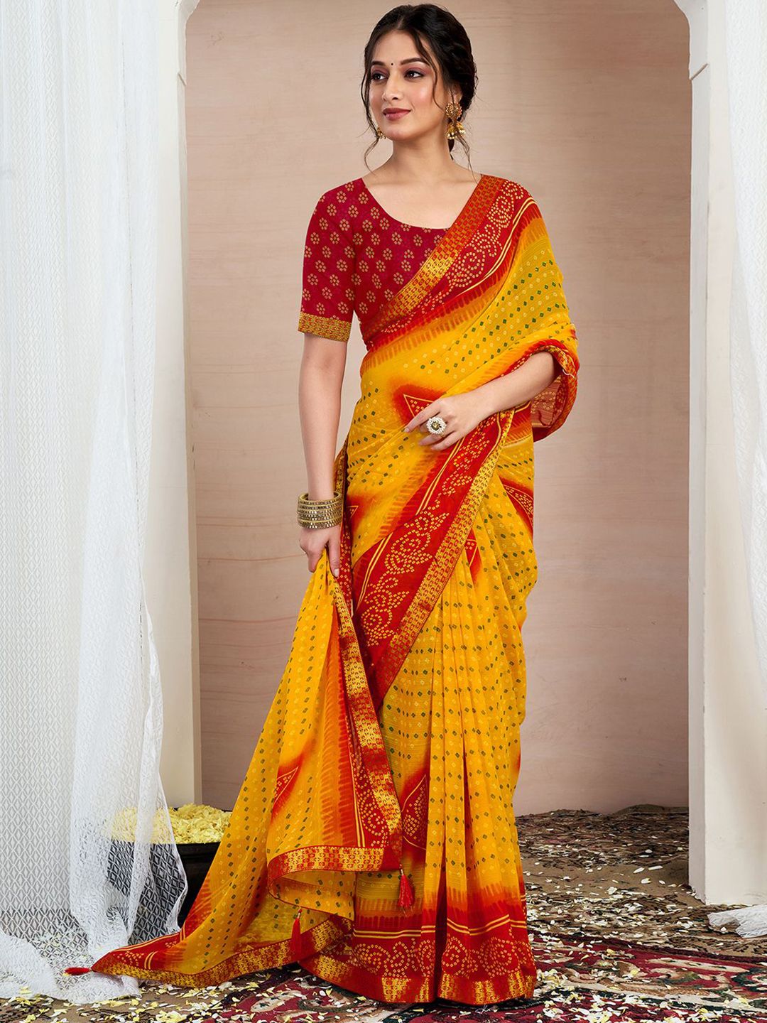 KALINI Bandhani Zari Pure Chiffon Bandhani Saree