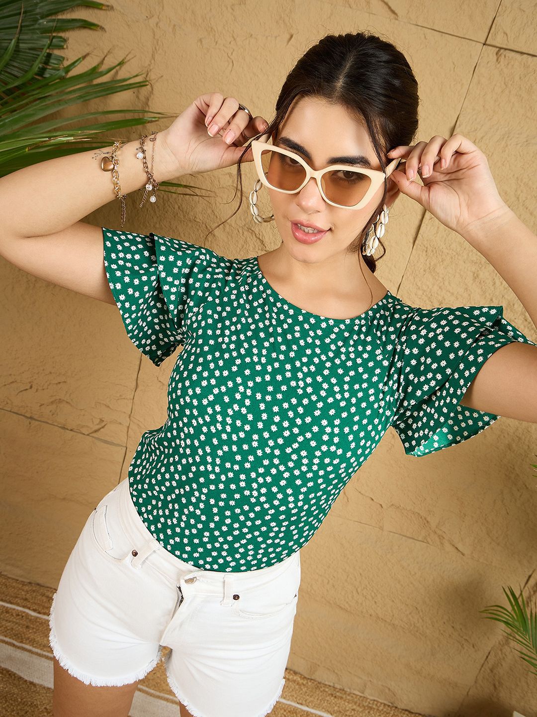 Berrylush Polka Dot Print Batwing Sleeve Ruffles Top