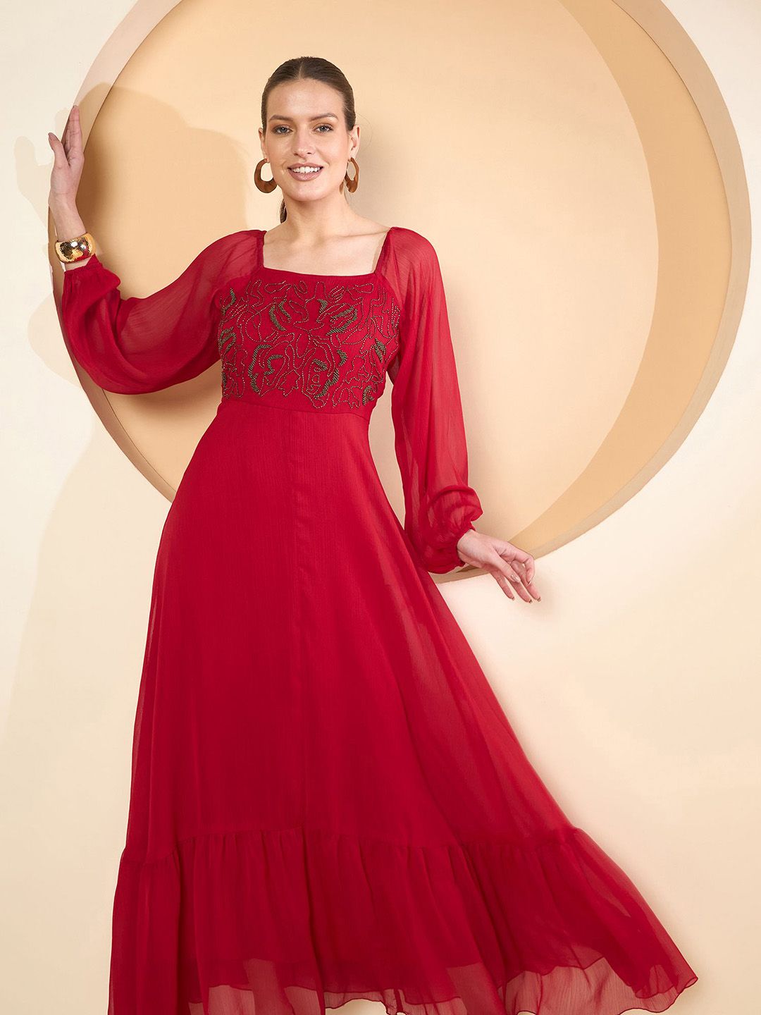 Antheaa Women Square Neck Chiffon Maxi Dress