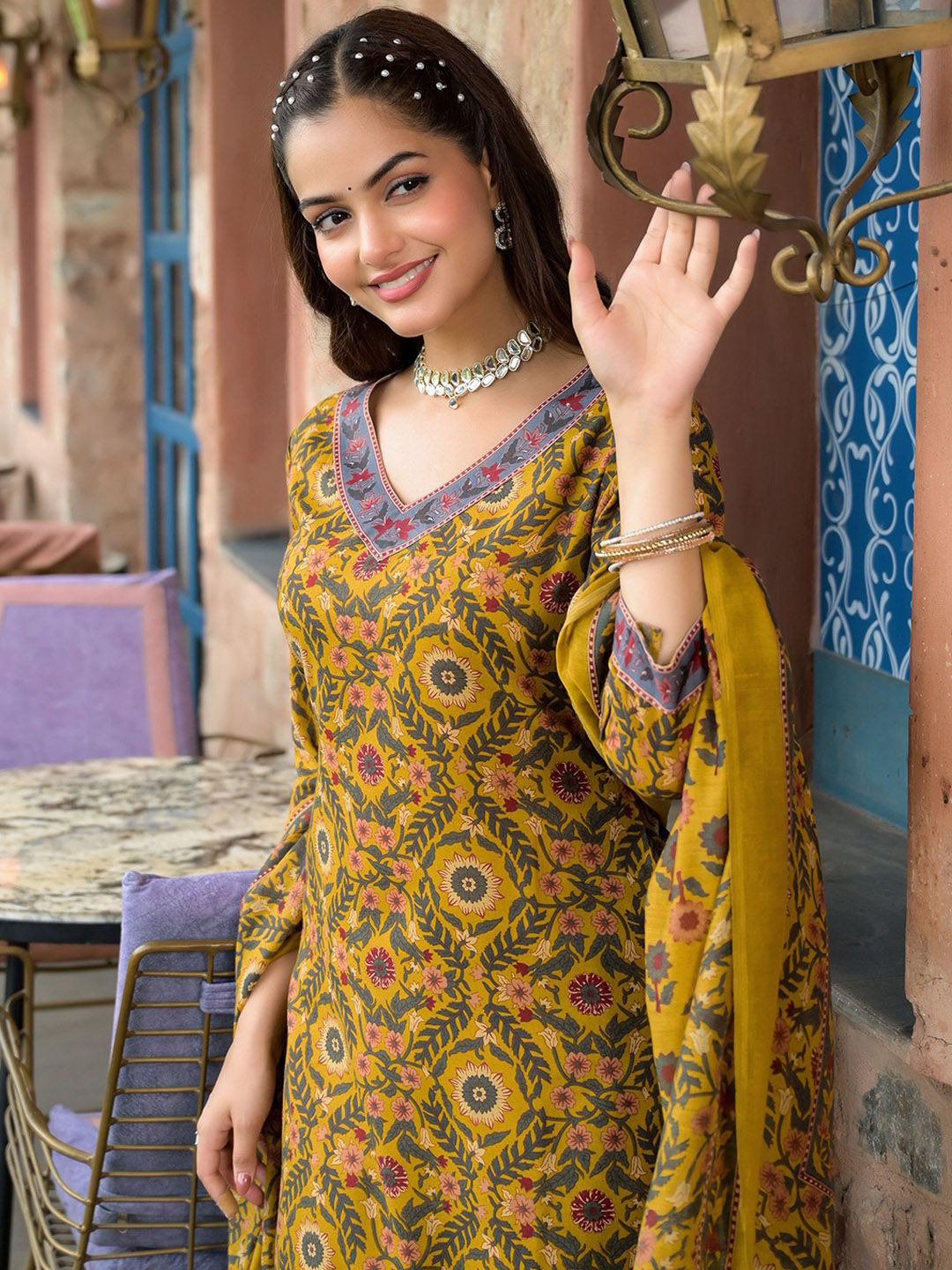 KALINI Floral Printed Straight Kurta with Salwar & Dupatta