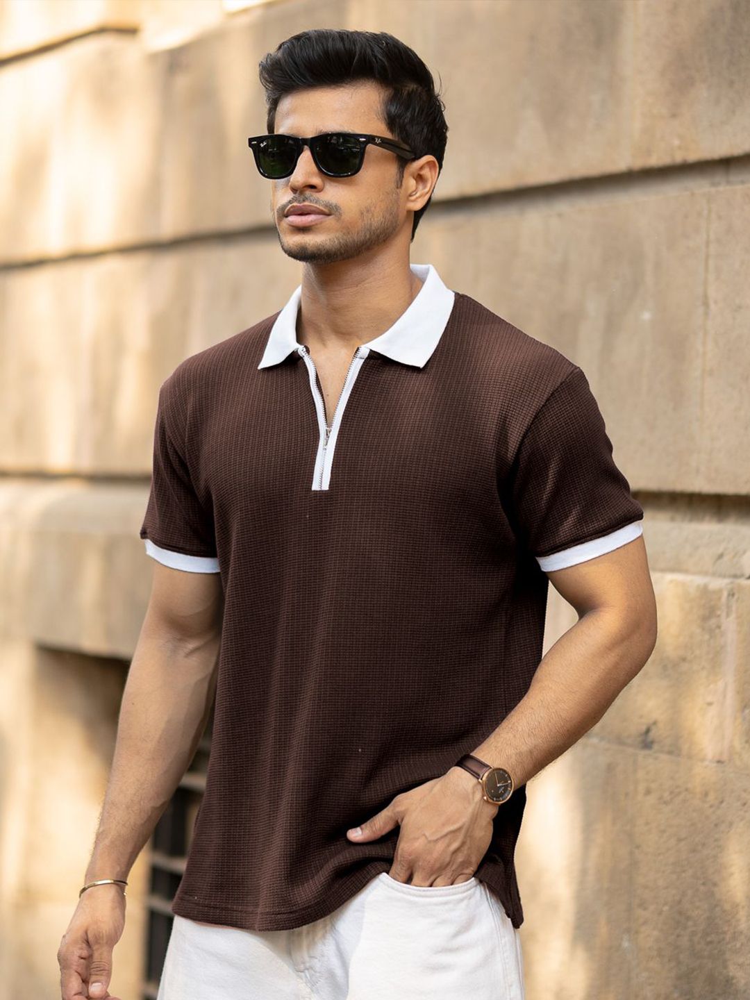 Powerlook Men Self Design Polo Collar T-shirt