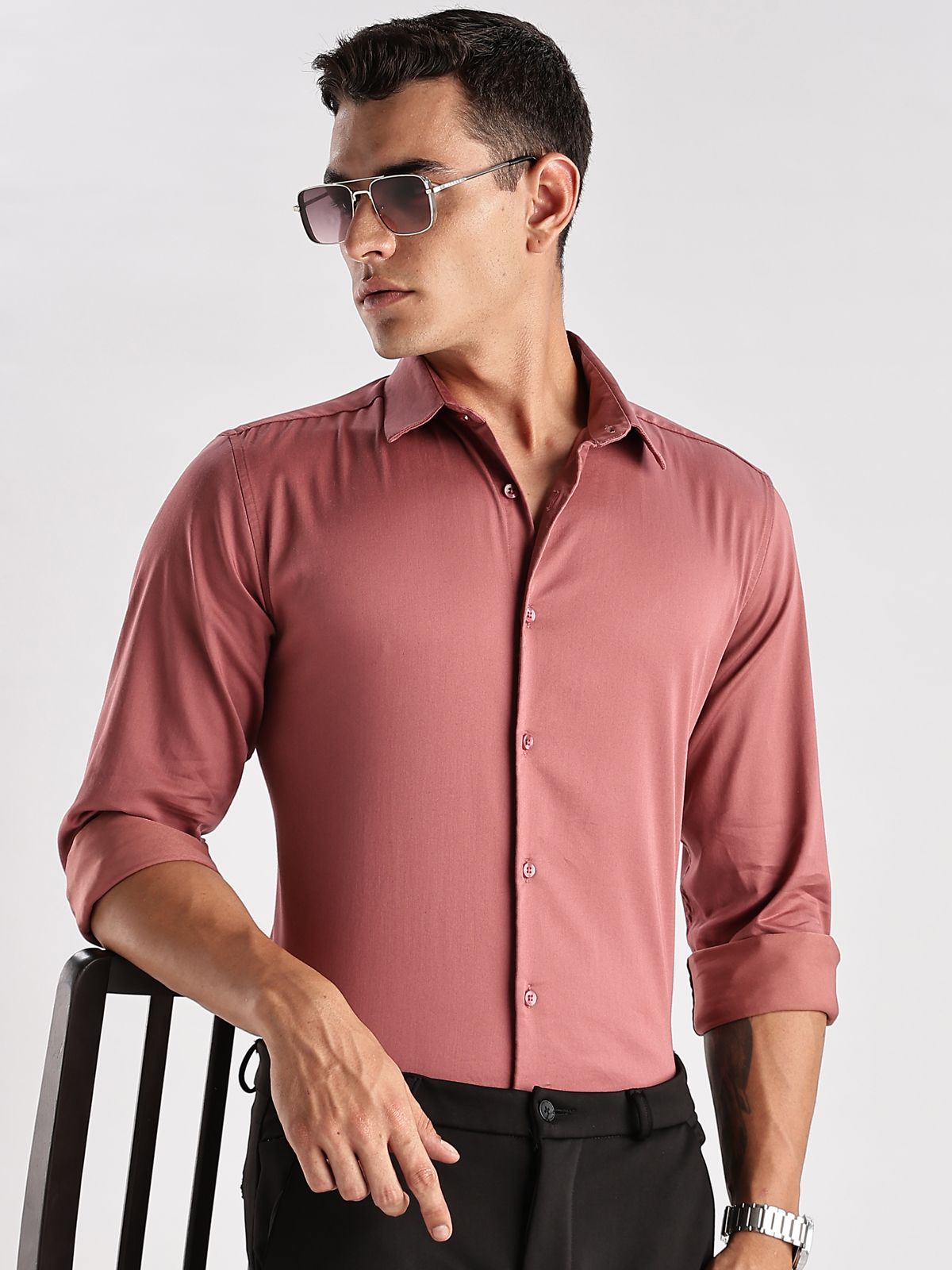 ADRO Men Slim Fit Solid Satin Casual Shirt