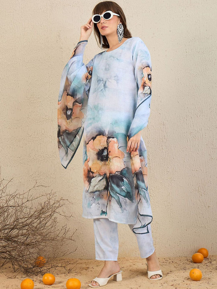 Indo Era Floral Printed Beads And Stones Straight Kurta With Trousers & Dupatta