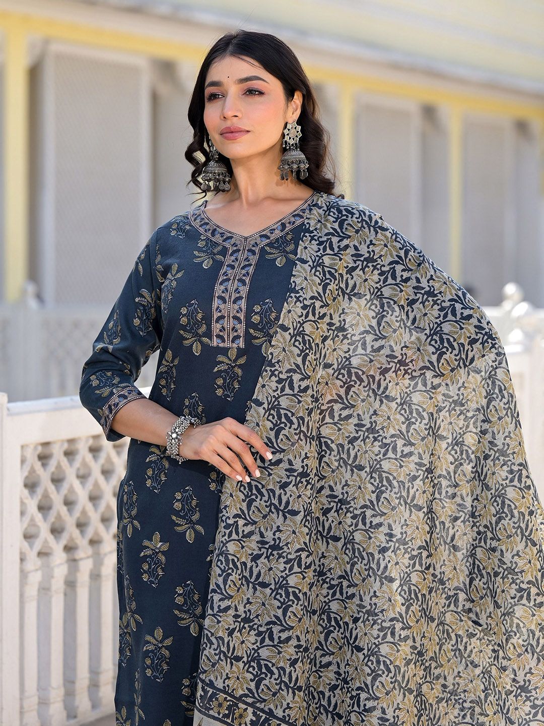 KALINI Floral Printed V Neck Straight Kurta With Trousers & Duppatta