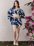 Berrylush Navy Blue Printed Sleeveless Top Shrug & Shorts
