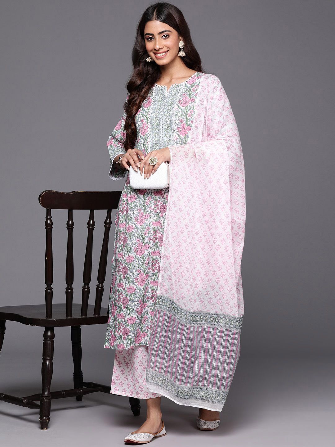 Libas Floral Printed Notch Neck Cotton Straight Kurta With Palazzos & Dupatta