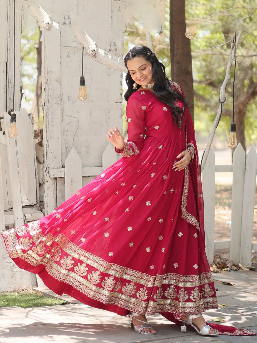 KALINI Embroidered Georgette Anarkali Kurta With Dupatta