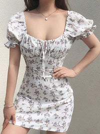 DressBerry Floral Print Tie-Up Neck Puff Sleeve Bodycon Dress
