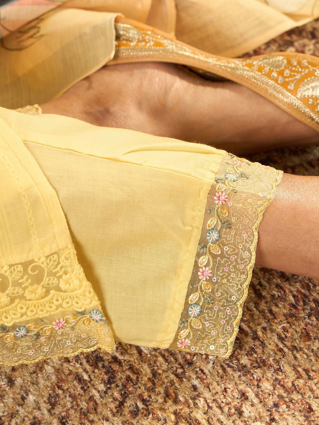 Indo Era Floral Embroidered Thread Work Pure Cotton Straight Kurta With Trousers & Dupatta